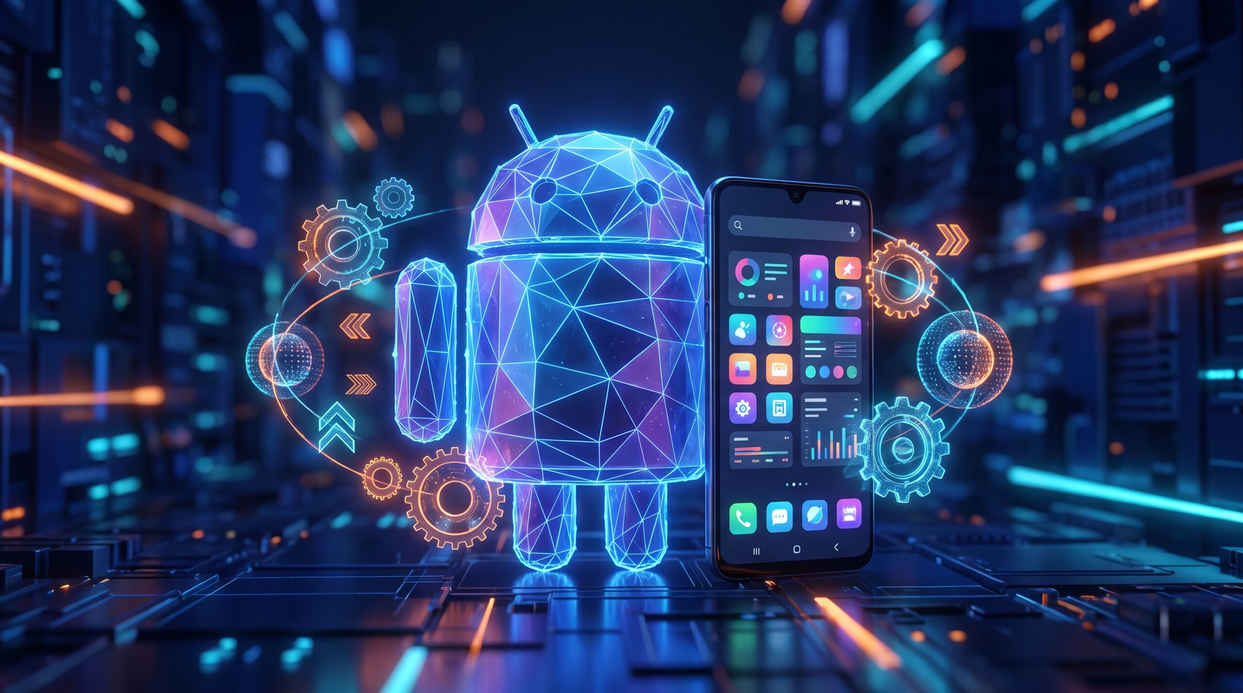 Robô Android estilizado ao lado de smartphone com grade de apps coloridos