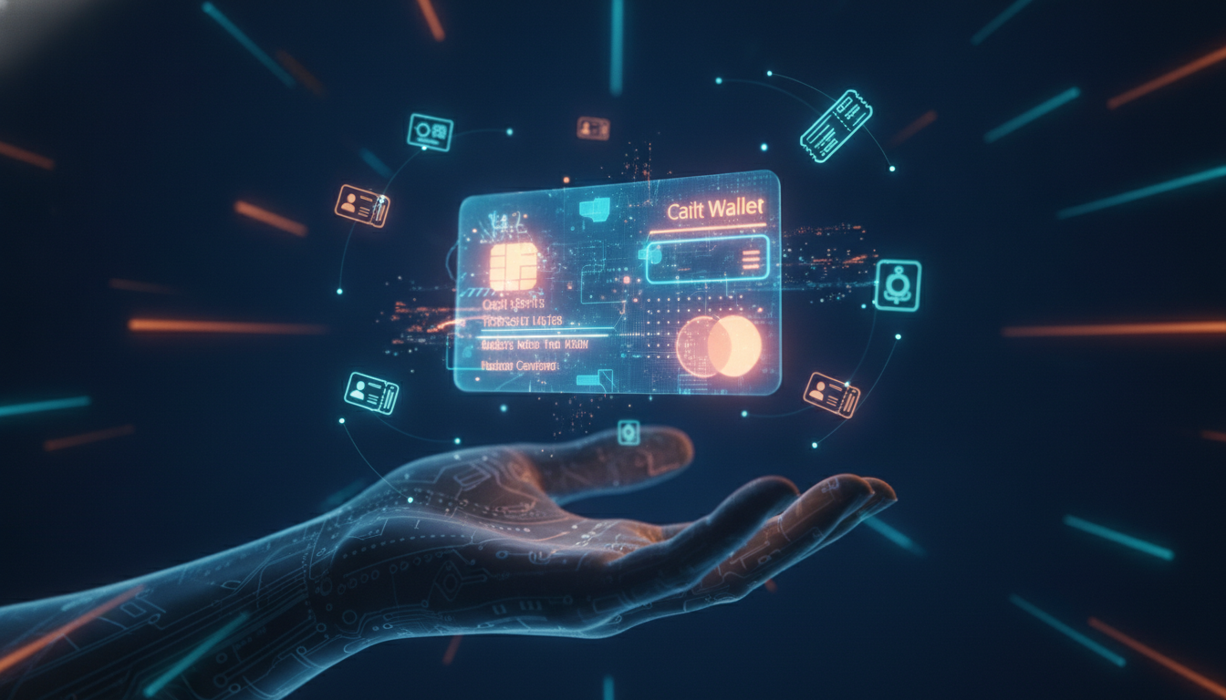Cartão de carteira digital holográfico flutuando sobre uma mão aberta