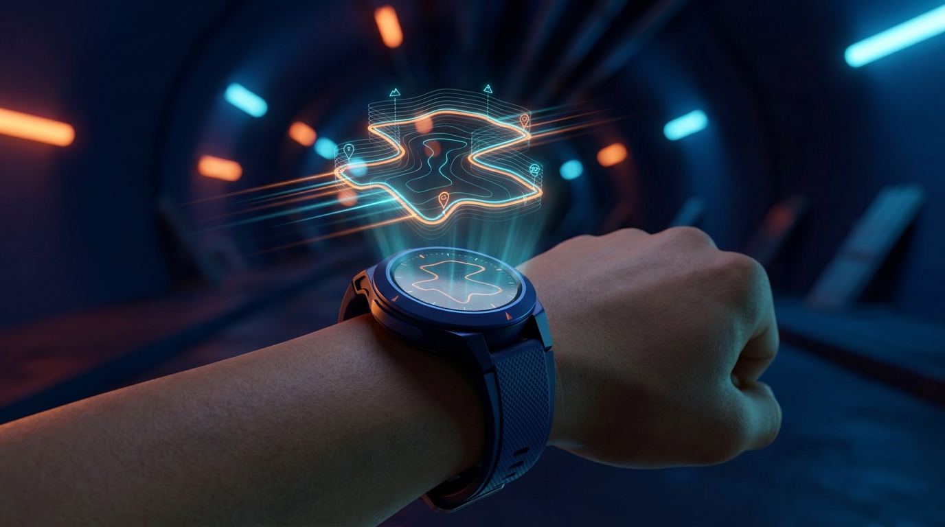 Smartwatch com mapa de rota de treino holográfico brilhando sobre o pulso