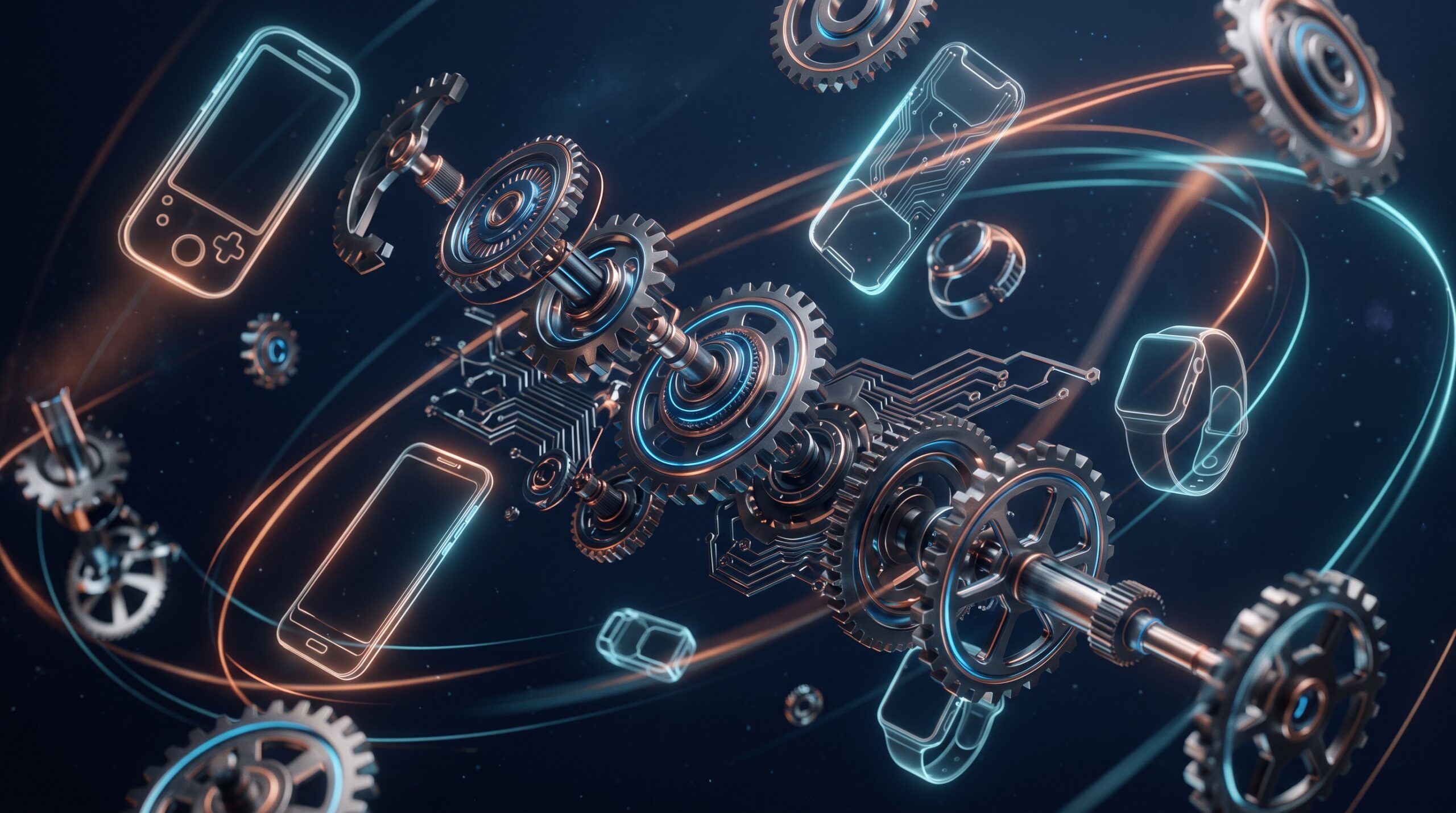 Elementos abstratos de engenharia de hardware simbolizando a trajetória de John Ternus