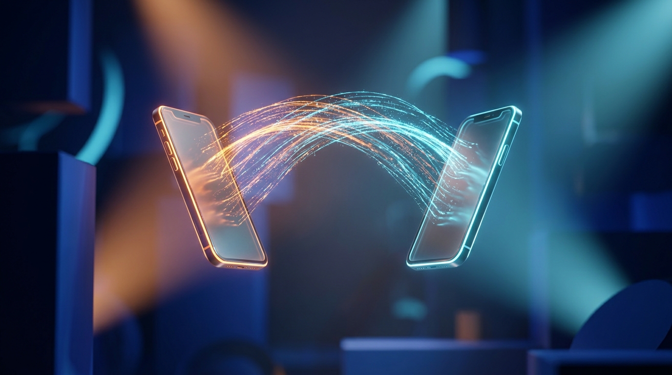 Dois smartphones brilhantes de frente um pro outro com partículas de luz fluindo entre eles