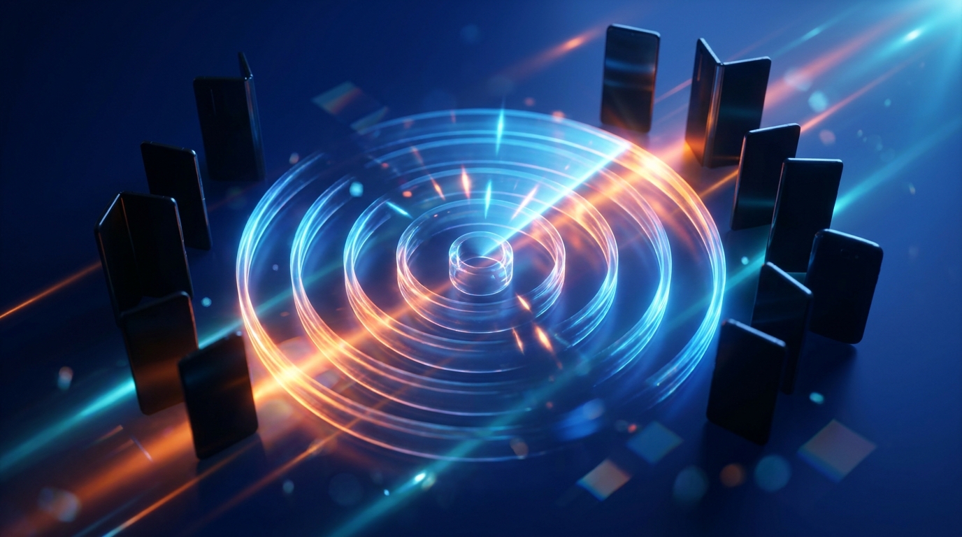 Onda de radar abstrata brilhante se expandindo em direção a silhuetas de vários smartphones