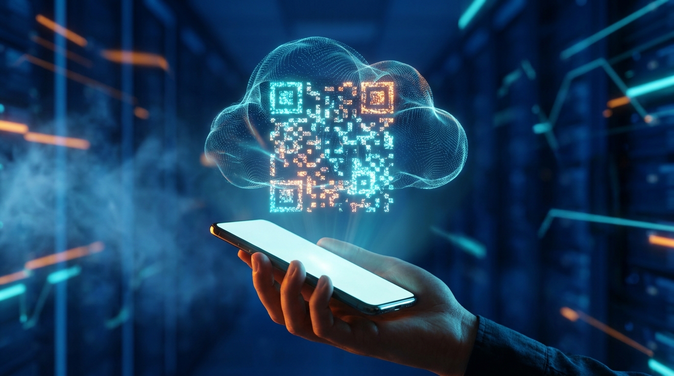 Código QR brilhante flutuando acima de uma mão segurando um smartphone, com uma nuvem de luz acima